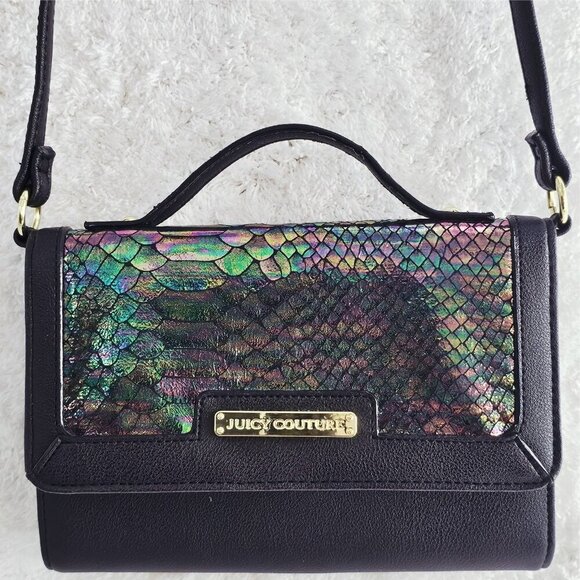 JUICY COUTURE Black PVC Leather Faux Snakeskin Organizer Crossbody Top Handle - Picture 13 of 14